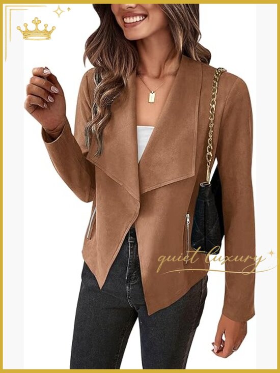 Jackets & Blazers - Faux Suede Cropped Jacket Long Sleeve Open Front Coat
